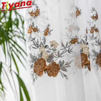 

Orange Floral Strip Embroidery Tulle Curtains for Living Room Internet Popula Elegant Flowers Sheer Tulle for Kitchen Balcony*VT
