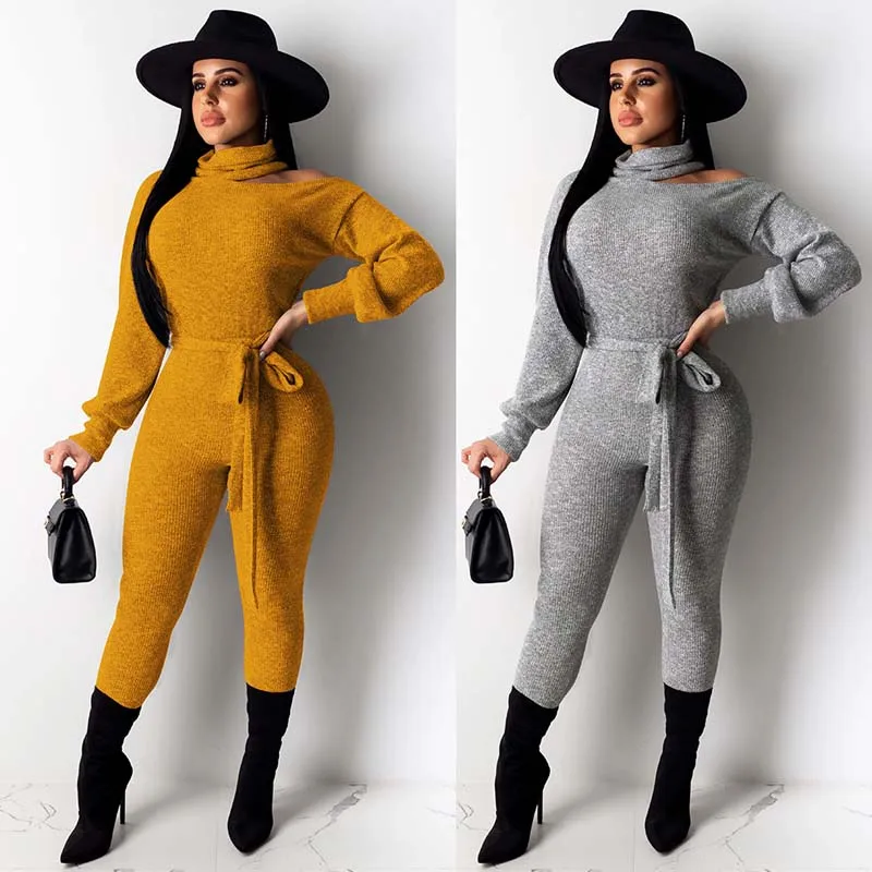 

Winter Sweater Turtlenecks Bodycon Jumpsuit Hollow Out Cut-Out Shoulder Lace Up Jumpsuit Women Casual Night Club Outfit Overalls