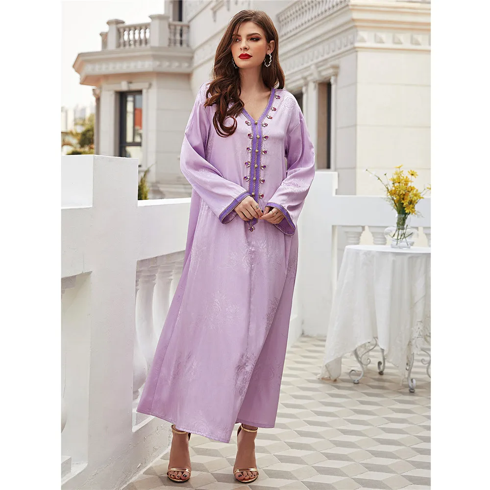 

Moroccan Diamonds Abaya Women Long Maxi Dress V Neck Ramadan Jalabiya Dubai Kaftan Turkey Party Gown Islamic Clothing Arab Robe