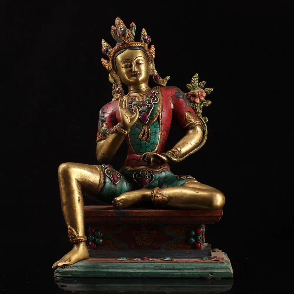 

13" Tibet Buddhism Temple bronze Inlaid gems Green Tara Buddha Statue Guanyin Avalokitesvara Buddha Statue Painted wood base