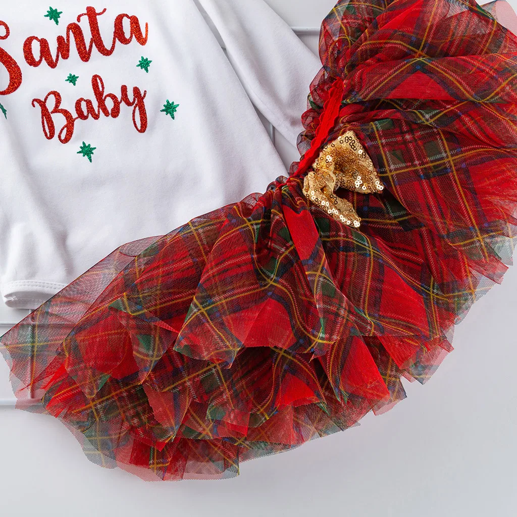 Комплект из 3 предметов, одежда для малышей Дети Штаны для девочек с рождественским изображением день комбинезон топы, платья-пачки, набор для волос ребенка ползунки Одежда для новорожденных Набор для волос