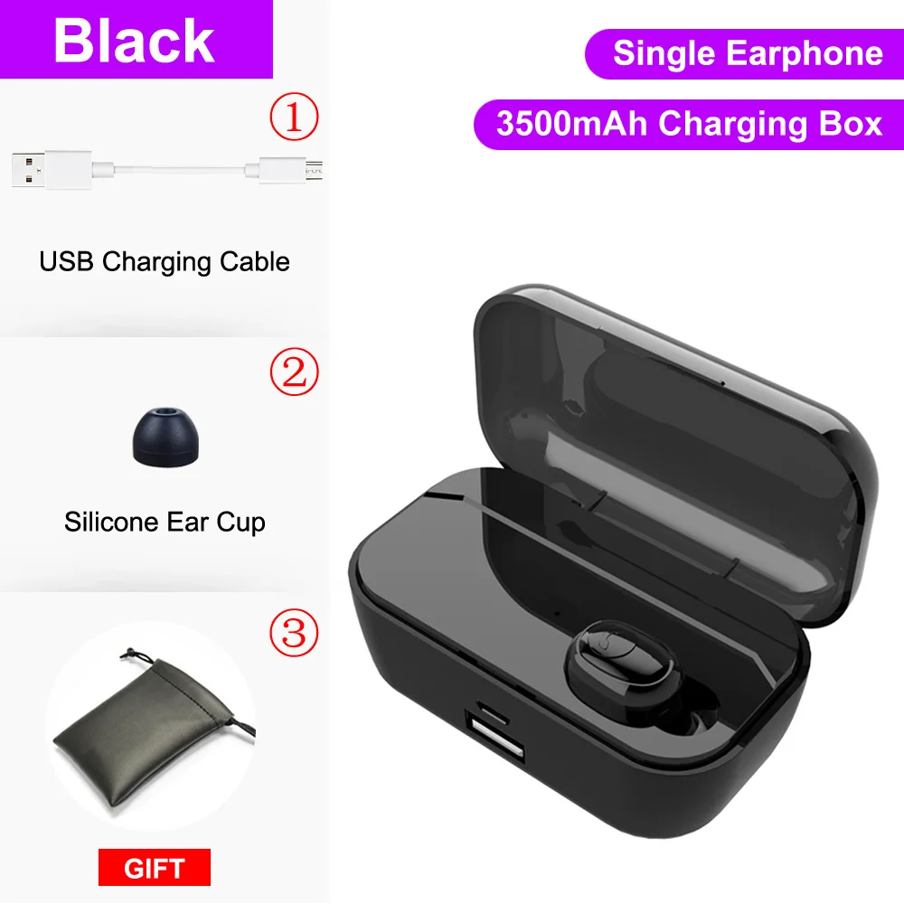 Single ear Black F9 TWS Bluetooth наушники V5.0, стерео беспроводные наушники, спортивные беспроводные наушники, наушники-вкладыши с микрофоном, 2000 мАч, внешний аккумулятор - Color: Single ear Black
