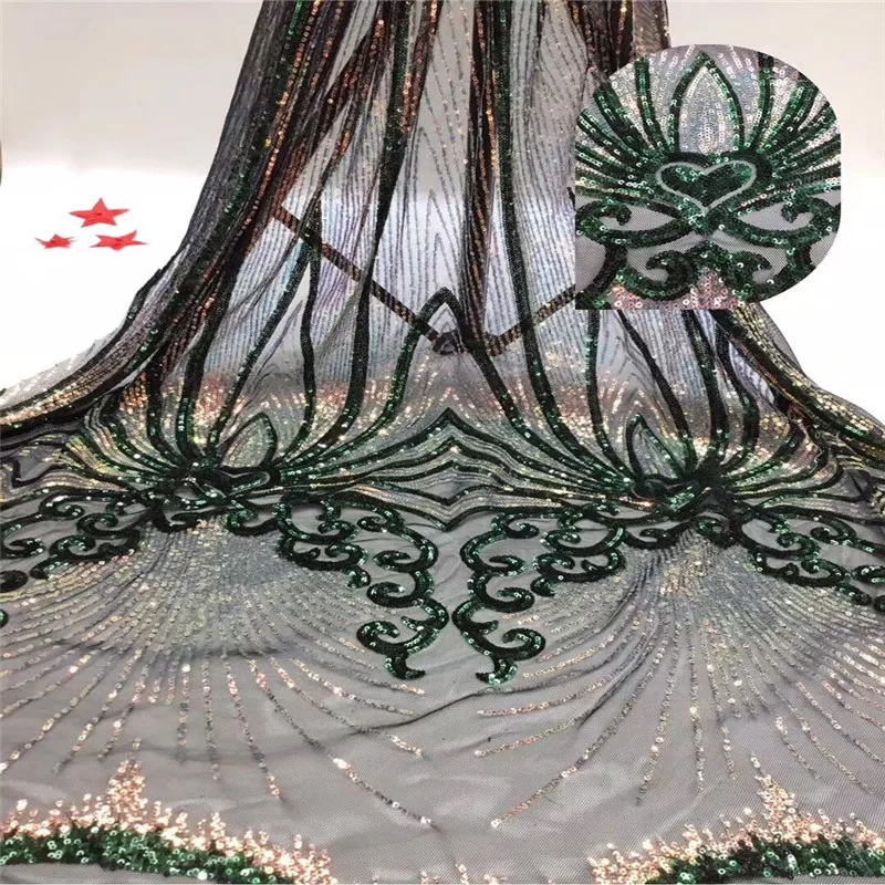 

High Quality Green And Gold Nigeria Glitter Sequence Lace Fabric Sequin French Net lace Material For African Women Dress Lace