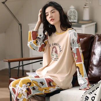 

New Women Pajamas Female Cotton Spring and Autumn Long-sleeved Korean Cartoon Cute Round Neck Suit Cotton Homewear Comfortable