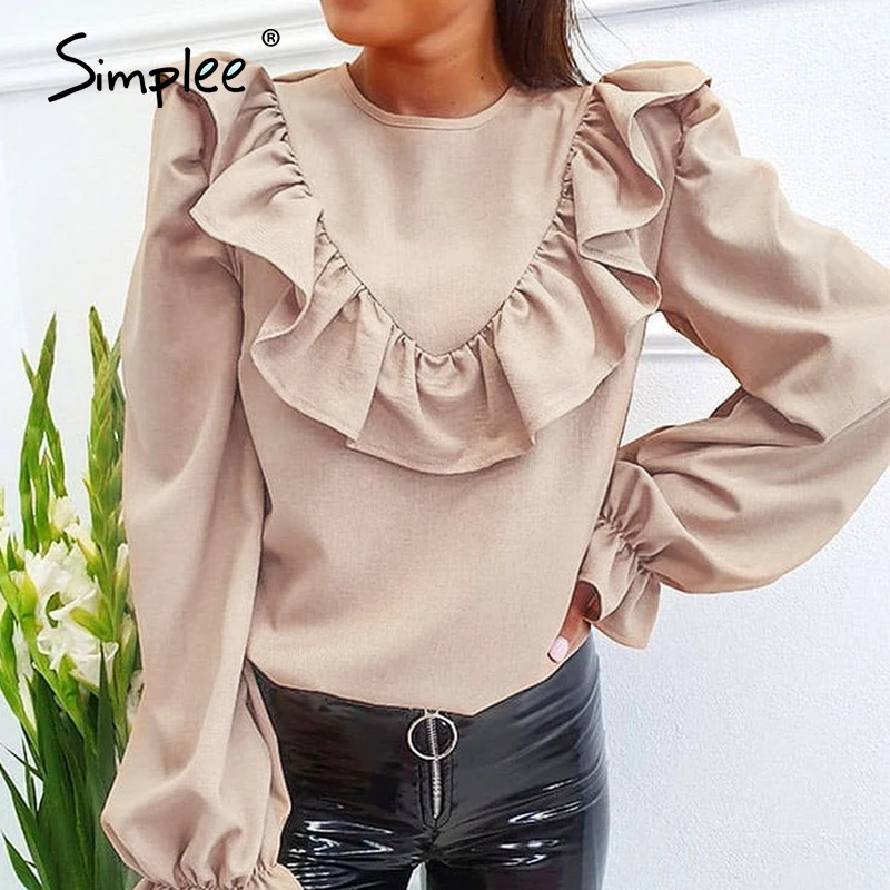 

Simplee Elegant ruffled o-neck women blouse shirt autumn Puff sleeve solid female top blouse Casual streetwear ladies top shirt