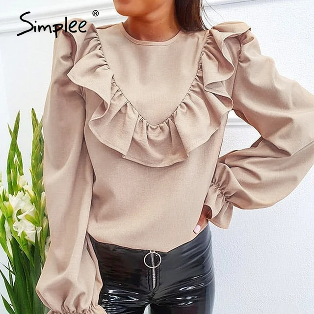 US $12.83 Simplee Elegant ruffled o-neck women blouse shirt autumn Puff sleeve solid female top blouse Casual