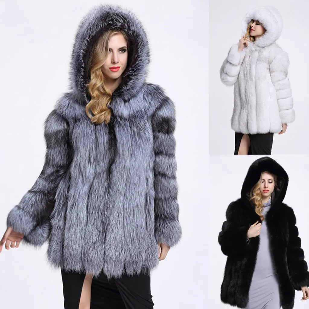 KANCOOLD, модное зимнее женское модное пальто с длинным рукавом из искусственного меха, куртка с открытым передом, пальто с капюшоном, плотное, женское, мягкое и удобное