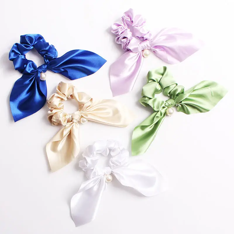 Pure Color Elastic Hair Band Rabbit Ear Bow Pearl Hair Rope Satin Ponytail Scrunchie Hair Tie For Women Headband Hair Accessorie