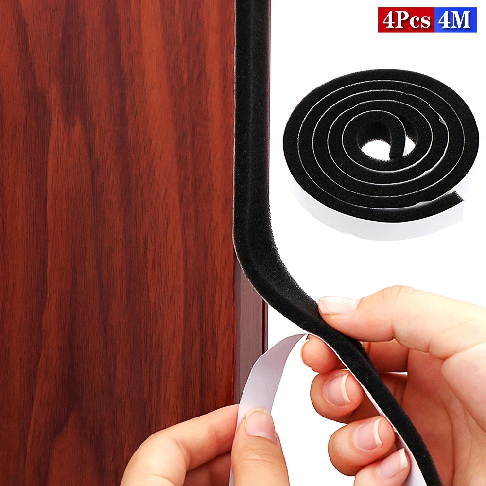 4Pcs/Set Foam Insulation Tape for Doors and Windows, 4M Self Adhesive Weather Stripping Soundproof Windproof Dustproof Door Seal afbeelding
