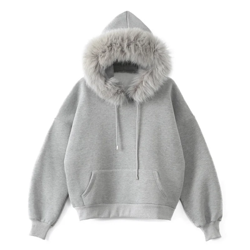 Hoody Thicken Sweatshirt Autumn Winter Long Sleeve Solid Color Casual Loose Fur Hoodies Plus Size Warm Tracksuit | Женская одежда
