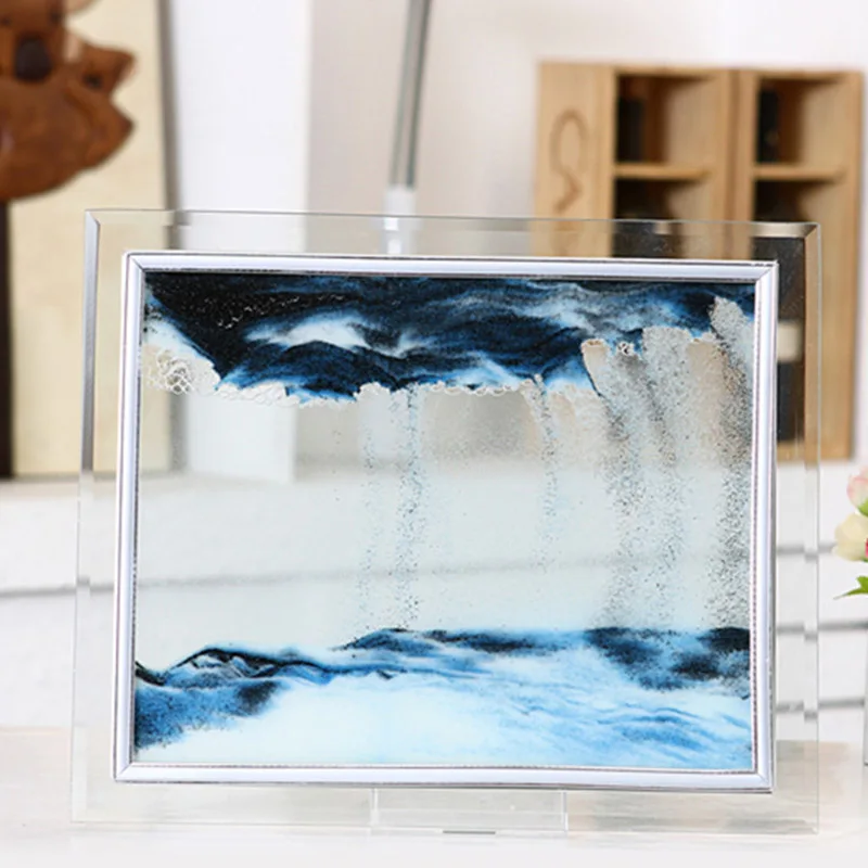 Billige 3D Dynamische Fließenden Körnung Sand Malerei Transparente Glas Rahmen Zeichnung Landschaft Vision Fließende Sand Malerei Schreibtisch Kunst Decor RT99