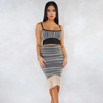 

Women Two Piece Outfits Sexy Sleeveless Sling Mesh Crop Top + Knee-length Fish Tail Skirt Two Piece Skirt Set Slim Club Outfits