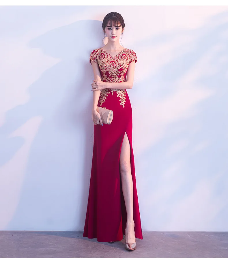 

6068827 WOMEN'S Dress Celebrate Red Banquet Formal Dress V-neck Embroidered Slim Fit Sheath Slit Long Skirts Short-sleeve Dress