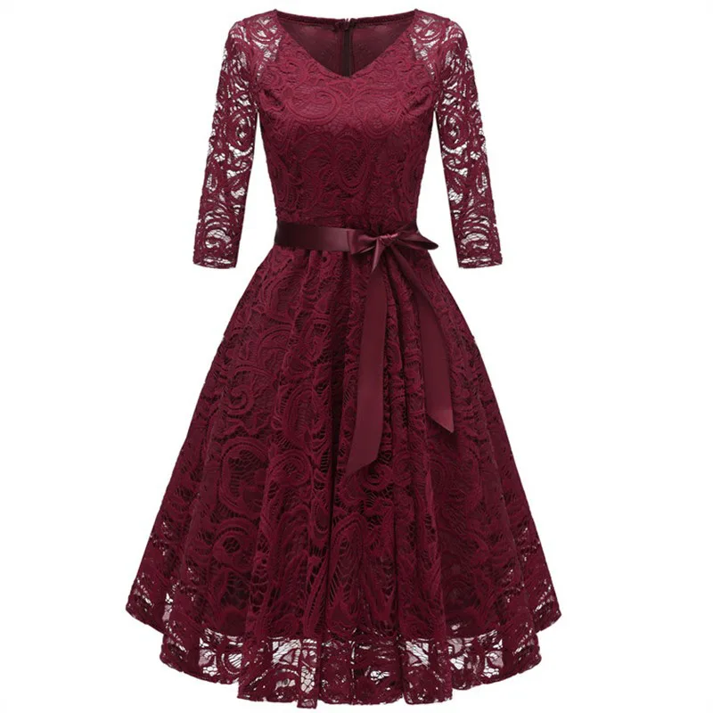 Wine Red UIDEAZONE, винтажное кружевное лоскутное женское платье принцессы, элегантное, v-образный вырез, рукав три четверти, женские платья с бантом, весна - Цвет: Wine Red
