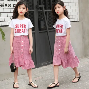 

Girls Summer Cotton 2Pcs T Shirt Kids Plaid flounced Skirt Girls Outfits Set Girl's Clothing 3-14