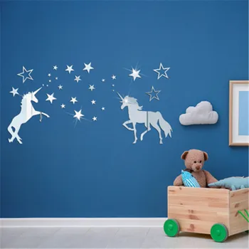 Pegatina de Pared con Espejo acrílico de estrellas de unicornio, decoración para el hogar, adhesivo decorativo de Espejo 3D de unicornio para habitación de niños