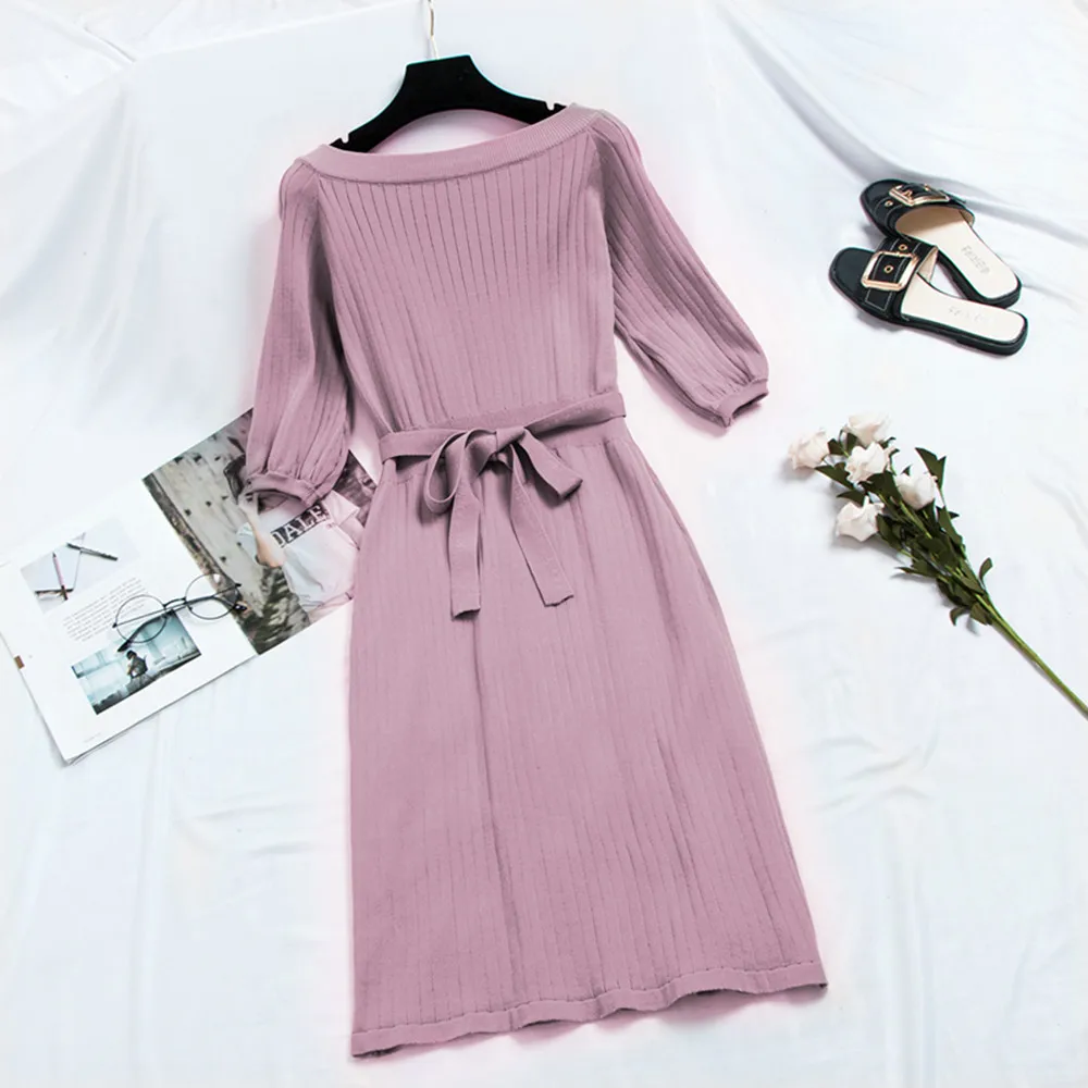 Women-Knit-Sweet-Midi-Dresses-Elegant-Korean-Fashion-A-Line-Lace-Up-Bow-Girl-Autumn-2020