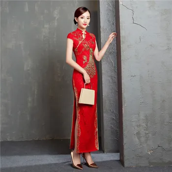 

Plus Size 6XL Red Chinese Traditional Wedding Cheongsam Dress Long Embroidery Qipao Retro Lace toast Dress for Women