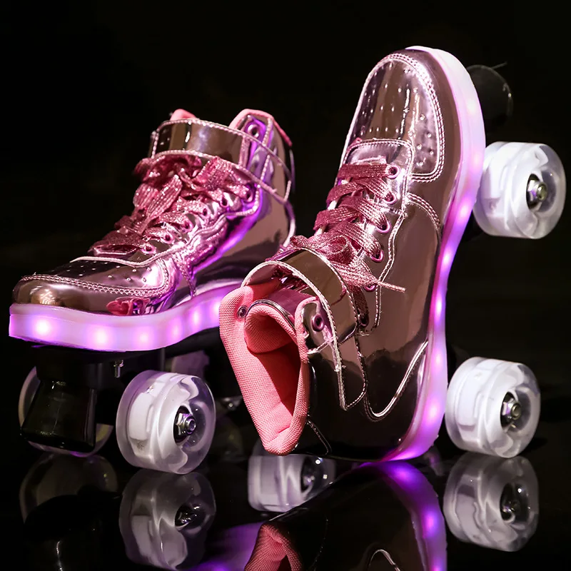 Flash patins 4 rodas rolo para adultos crianças usb recarga tênis patins hóquei dupla fileira polia sapatos masculinos luz