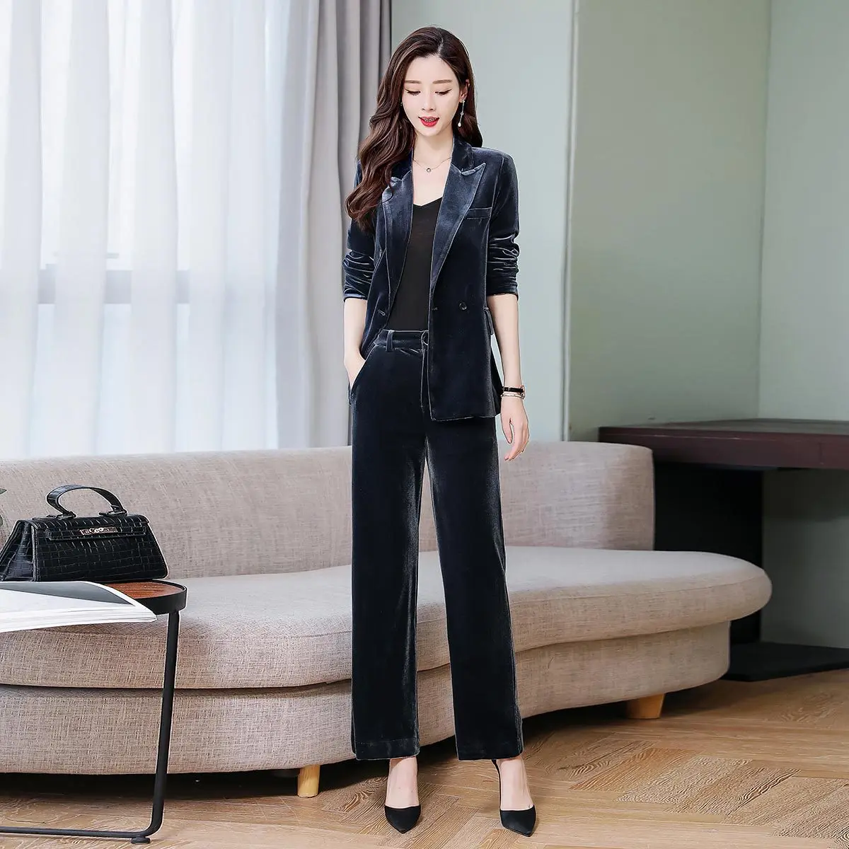 

Gold Velvet Suit WOMEN'S Suit 2019 New Style Spring Clothing Fashion Elegant Wear Slim Fit Suit Fashion Two-Piece Set