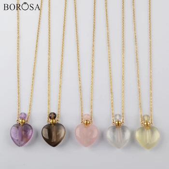 

BOROSA Natural Stone Pendant Necklace Heart Shape Amethysts Perfume Bottle Necklace 26 Inch Stainless Steel Necklace WX1327-N