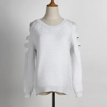 

2020 Burst sweater women's sweater shoulder hollow holes solid color knit section high bottoming pullovers 69132