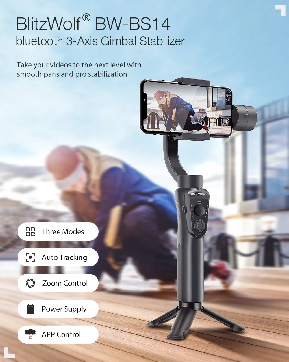 BlitzWolf BW-BS14 bluetooth 3-осевой шарнирный стабилизатор для камеры GoPro с тремя регулируемыми режимами для мобильных телефонов bluetooth Ручные стабилизаторы