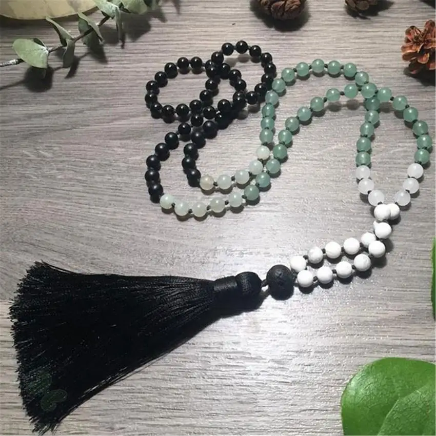 

8mm green Aventurine Black Onyx Gemstone Mala Necklace 108 Lucky Buddhism Wrist Cuff Unisex Wristband Meditation Blessing