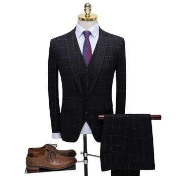 

2020 Fashion Plaid Suit men three pieces Casual business black slim fit wedding suits blazer pants grid costume homme mariage