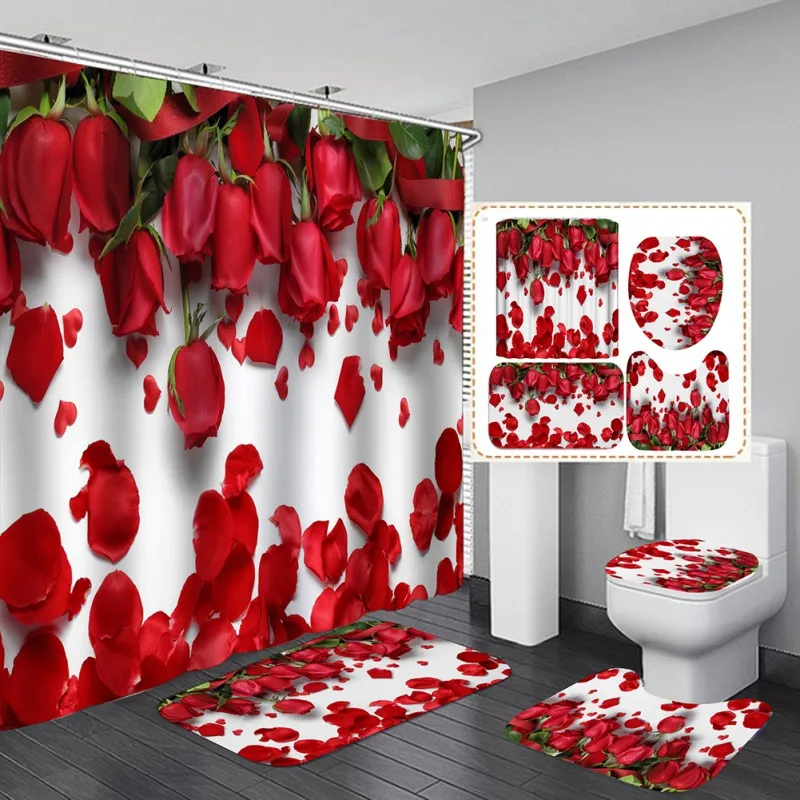 4Pcs/Set Elegant Flowers Pattern Shower Curtain Mats Set Non Slip Rugs Carpet For Bathroom Toilet Bath Home Decoration