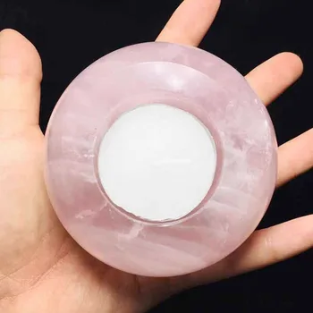 

Natural Crystal Rose Quartz Candlestick Round Pink Stone Bowl Carved Heart Home Decoration Healing Chakra Feng Shui Art Ornament