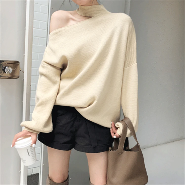 

YAMDI solid grey apricot sweater 2019 women casual jumper knitted warm korean tops sexy off shoulder autumn winter pullover fema