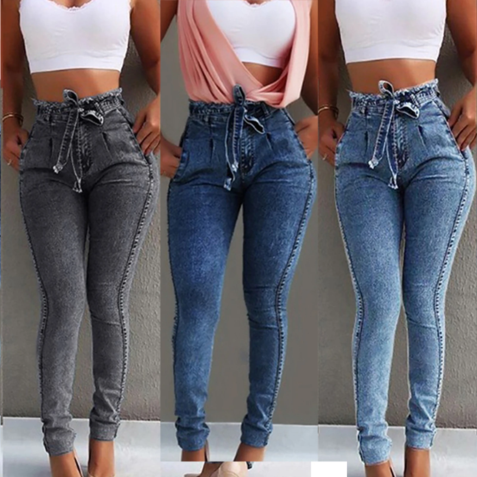 Las mujeres pantalones vaqueros de cintura alta de la bolsa de papel tejanos vaqueros ajustados pantalones apilado Jeans Casual Pantalones Slim Jeans de moda de mujer vaqueros| AliExpress