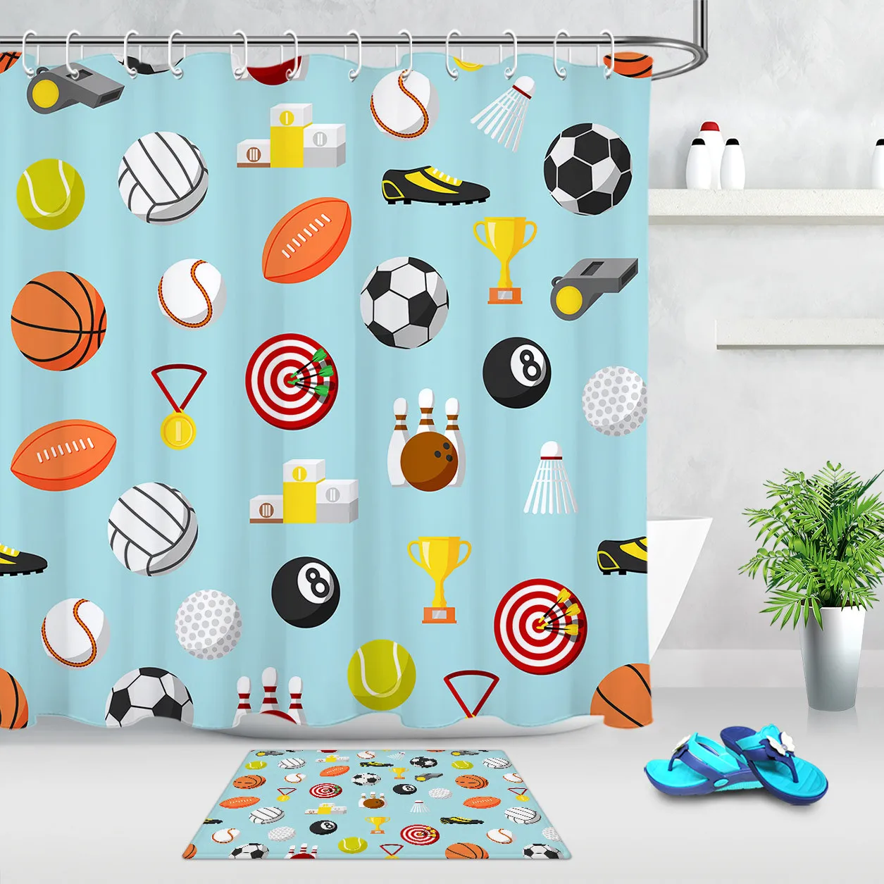Sports Shower Curtain Baseball Basketball Football Pattern Polyester