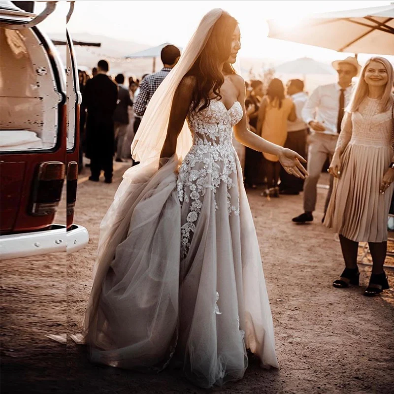 

Boho Wedding Dress Sweetheart Elegant Lace Applique Robe de mariee A Line Vestido de Novia Longo gelinlik vestido casamento