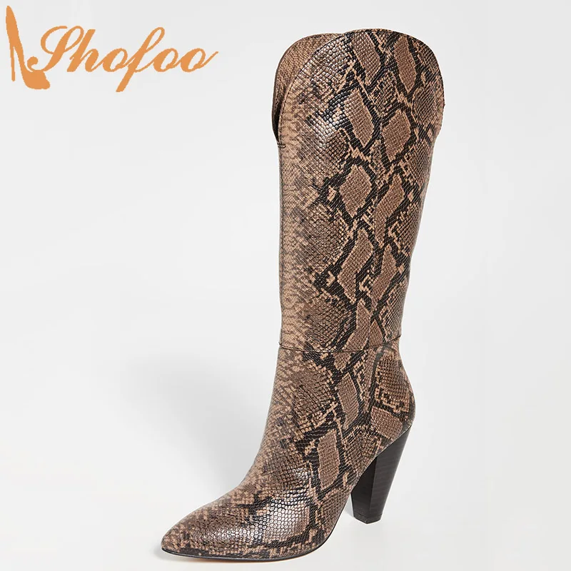 

Snake Skin Embossed High Chunky Heels Women Pointed Toe Knee-High Boots Ladies Winter Warm Fashion Large Size 14 15 Shoes Shofoo