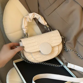 

Crocodile Pattern PU Leather Saddle Bag For Women's 2020 Fashion Chain Small Shoulder Crossbody Bags Solid Color Ladies Handbags