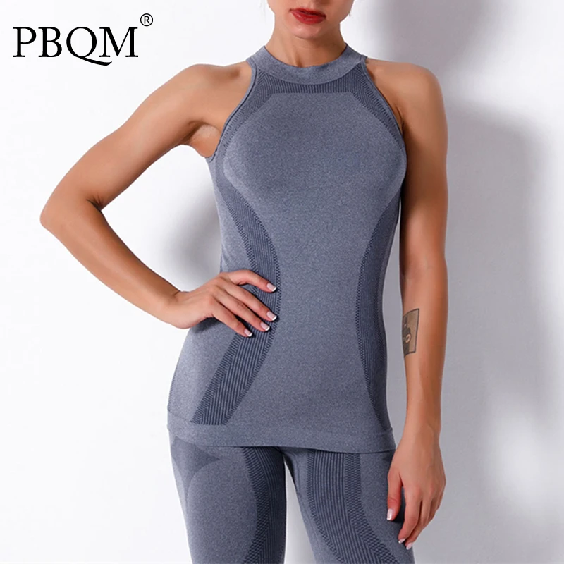 PROD 1005003208826869 PBQM 2021 Female Seamless Knitted Sexy Round Neck
Vest Moisture Wicking Yoga Wear Sports Running Top Women 6T1250