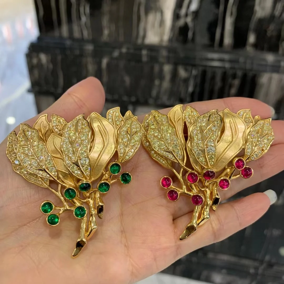 

gold color leaf brooch vintage 925 sterling silver with cubic zircon unisex jewelry free shipping 54*57MM