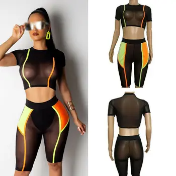

Summer Women Two Piece Set Tracksuit Hollow Romper Crop Top Mesh Shorts Jumpsuit Set Outfits