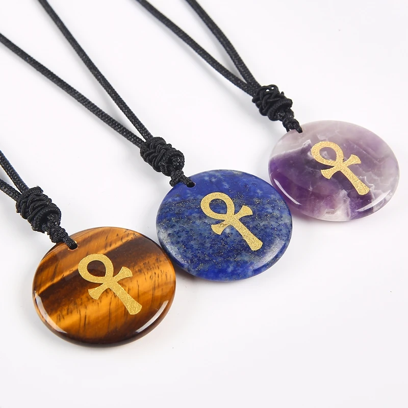 

Egyptian Ankh Cross Necklace Natural Stone Cross Pendant for Adjustable Short Long Chain Necklaces Jewelery with Gift box