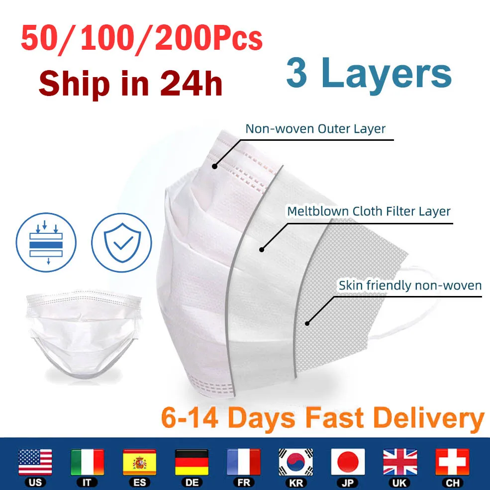 

In Stock! 50/100/200pcs 3 Layers Disposable Mask Anti Dust proof 3-Ply White Blue Mask Non-woven Face Masks