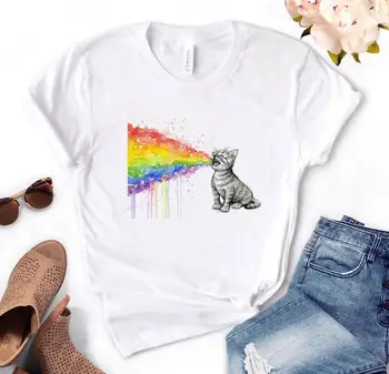 

Women T Shirt Kitten Cat Puking Rainbow Print Tshirt Women Short Sleeve O Neck Loose T-shirt Ladies Causal Tee Shirt Tops
