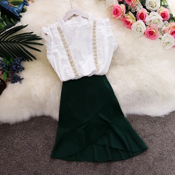 

Women Summer Trendy Beading O-neck Tank Top and Irregular High Waist Ruffled Skirt One Set