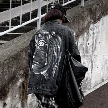 

Autumn Street Personality Portrait Art Graffiti Denim Jacket Coat Lapel Washed Jacket Hip Hop Club Party Jeans Chaqueta Vaquera