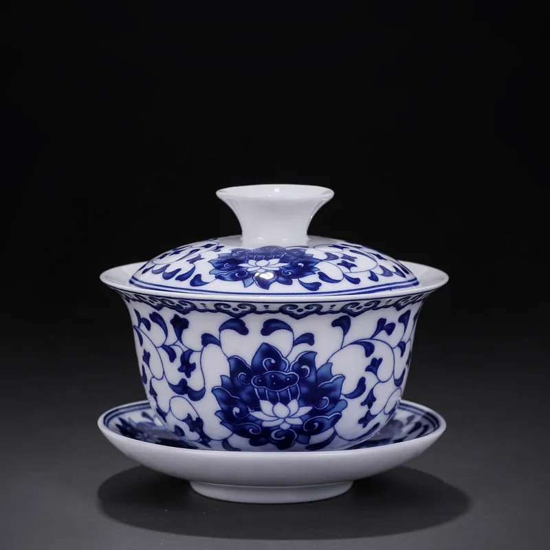 Rattan Керамическая Sancai Gaiwan, 150 мл, голубая и белая фарфоровая чайная чаша, чайная чашка и блюдце, набор, чайник - Цвет: Rattan