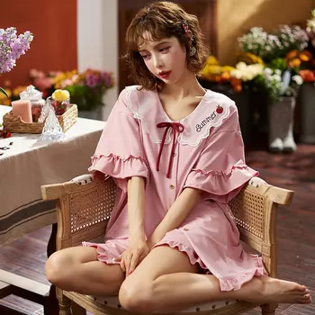 

Cotton Pajamas Set Women Cute Leisure Korean Style Loose Printed Comfortable Summer Lapel Short Sleeve High Quality Pajamas Set