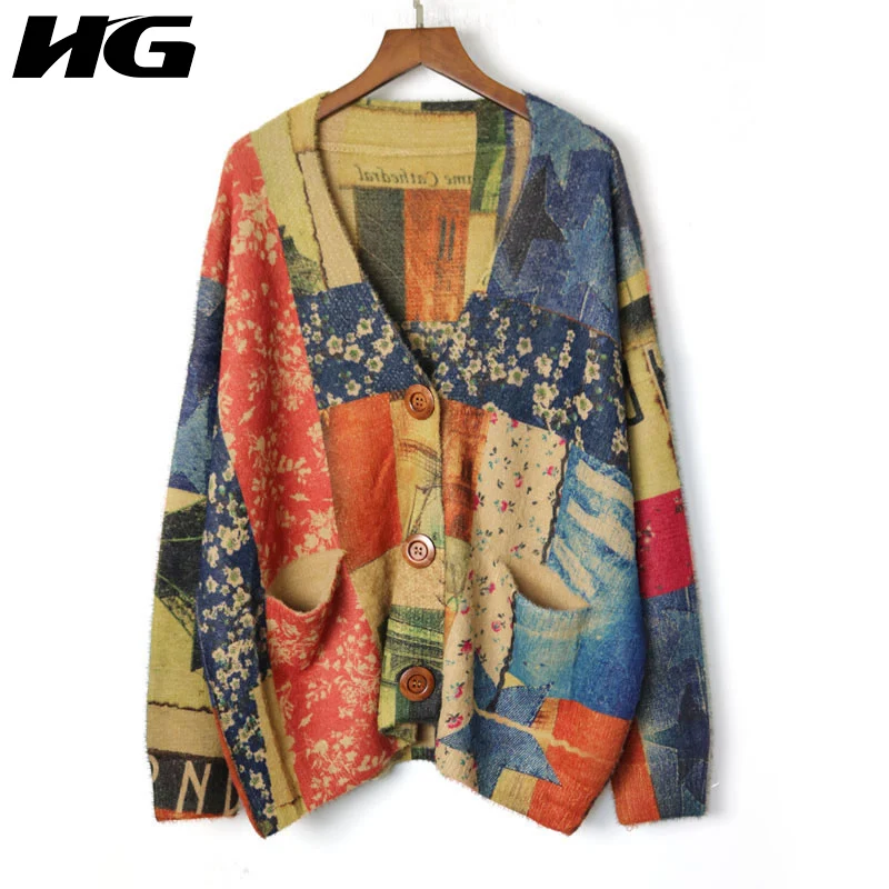 

HG Vintage Folk Custom Cardigan Women Floral Print V Neck Sweater Fashion Loose Knitwear Autumn Winter Pullover Women XJ2462