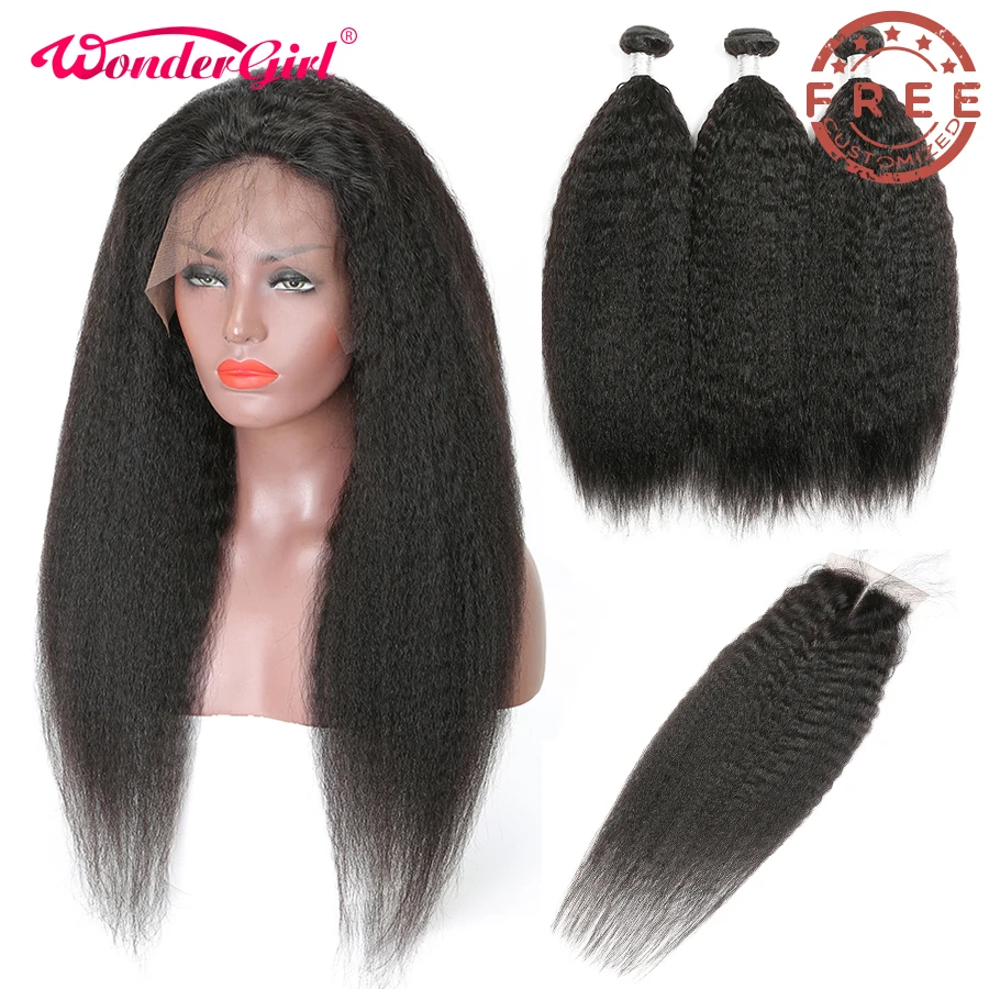 

Free Customized Kinky Straight 4x4 Closure Wig 300 Density By Brazilian Remy Kinky Straight Human Hair Bundles With Closure