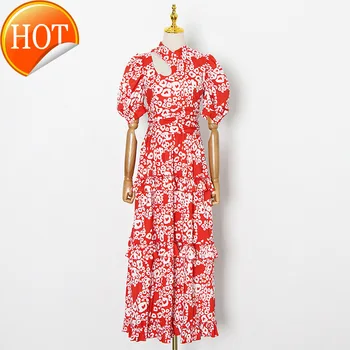 

Summer Women Maxi Hollow Dress Out High Waist Tunic Ruffles Dress